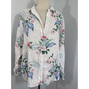 Tommy Baham Shirt Womens L Floral‎ Linen Button Up Blouse Beach Vacation